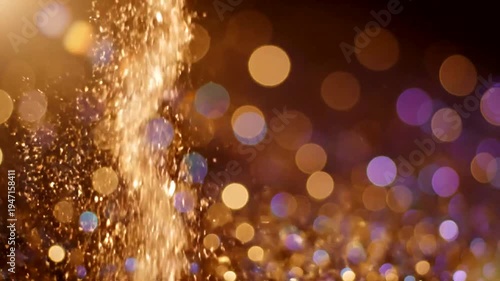 Abstract golden glitter particles bokeh background for festive celebration.