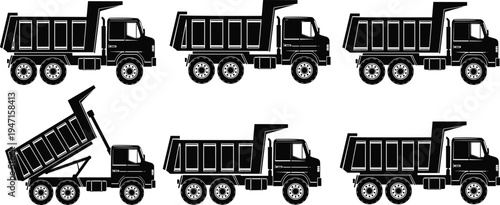 Black vector silhouettes of heavy duty dump trucks in various positions including loading and unloading for construction and industrial projects.Black vector silhouettes of heavy 