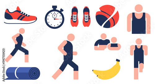 Sports and Fitness Icons Set: A dynamic collection of vector icons, embodying elements of health, exercise, and active living. The vibrant, clean designs encapsulate the essence of fitness and sports.