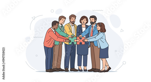 Diverse team connecting puzzle pieces, symbolizing collaboration and teamwork in business.
