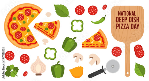 Culinary Deep Dish Pizza Day Illustration: A colorful and appetizing deep dish pizza, accompanied by a collection of ingredients, set against a backdrop.