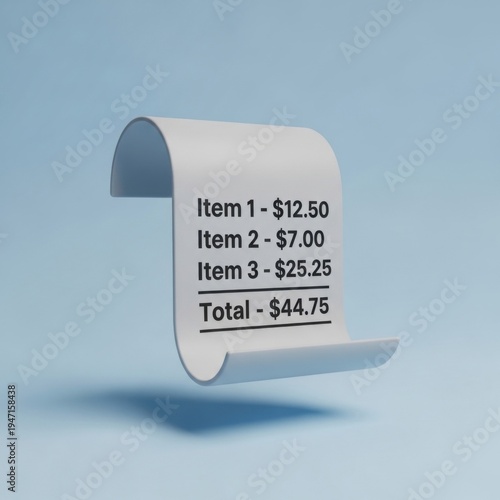 Receipt with itemized list and total cost on light blue background