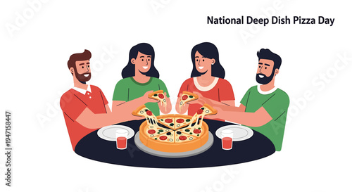 Happy group of friends sharing a generously topped deep-dish pizza, celebrating a meal together with smiles and enjoyment