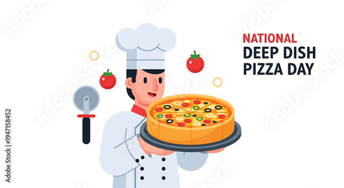 Chef with Deep Dish Pizza Celebration: A chef proudly presents a delicious deep-dish pizza, perfect for National Deep Dish Pizza Day, in this vibrant and appetizing image.