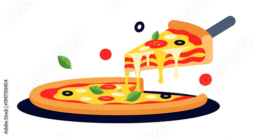 Delightful illustration of a freshly baked pizza with a generous, cheesy slice being served, featuring vibrant toppings and an irresistible cheese pull, symbolizing a perfect meal