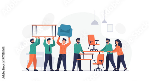 Office Team Moving Furniture, Assembling Workspace, Collaboration and Teamwork Concept