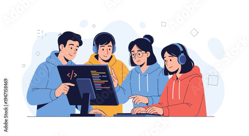 Diverse team of young programmers collaborating on a coding project, focused on computer screen