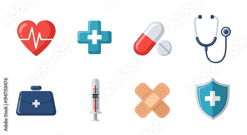 Comprehensive Set of Flat Design Medical and Healthcare Icons for Digital Applications and Presentations. Essential Symbols for Health, Emergency, Treatment, and Wellness Services