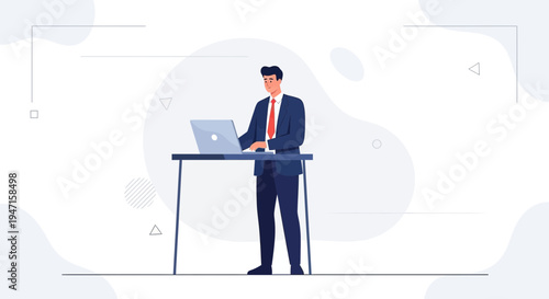 Businessman working on laptop at standing desk, modern office, minimalist design