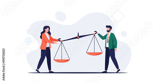 Business partners balancing scales, equality and fairness in partnership concept