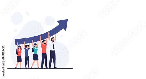 Teamwork success: people holding up an upward trending arrow graph