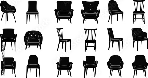 Black vector silhouettes of various modern furniture chairs including armchairs, office chairs, and dining chairs for interior design and home decor.
