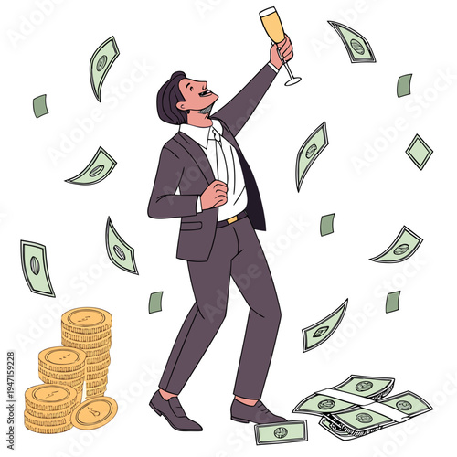 Man in suit celebrating with champagne and money celebration