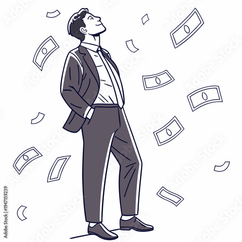 Man in suit laughing with money bills floating around