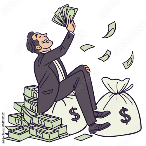 Wealthy businessman sitting on money bags throwing cash