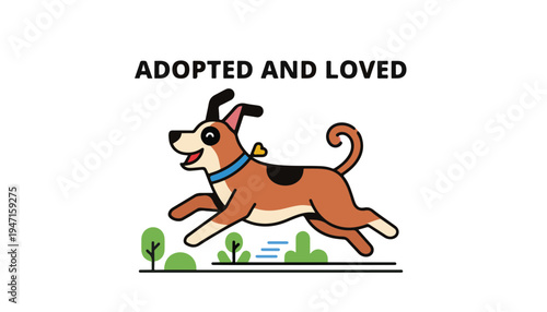Vector happy adopted dog running in park with text animal shelter success story concept National Adopt a Shelter Pet Day