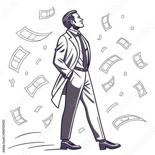 Man in business attire surrounded by falling money