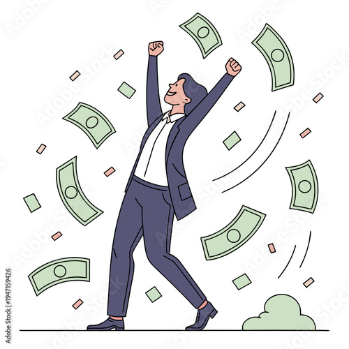 Man in business suit celebrating with fists raised surrounded by falling money bills