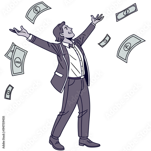 Man in suit throwing arms up surrounded by falling money bills