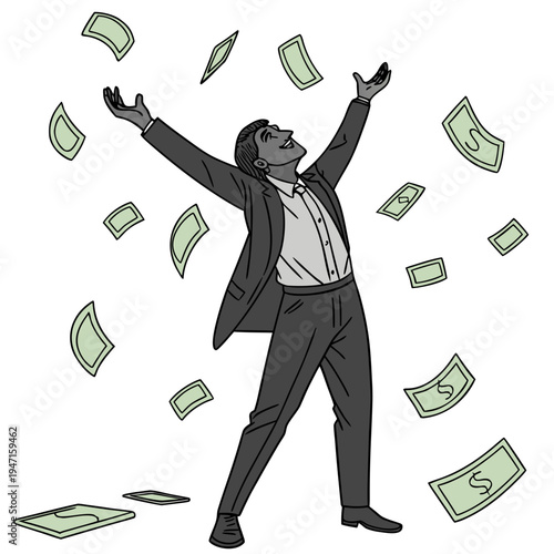 Man in suit throwing arms up surrounded by falling dollar bills 1