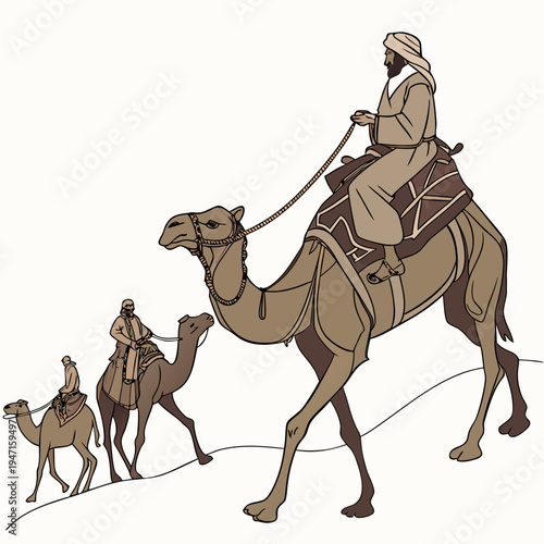 Camel caravan with riders in desert camels people