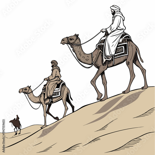 Desert travelers on camels with rider and walking camel