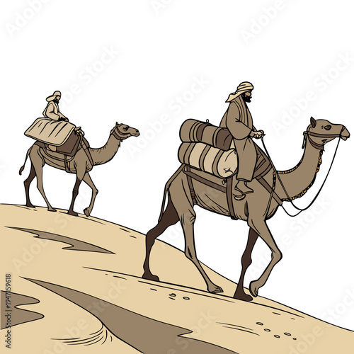 Desert travelers on camels with cargo sand