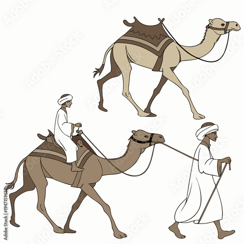 Of camels and men in desert attire walking and riding
