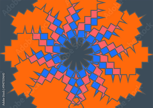 Abstract Geometric Starburst With Orange Spikes and Blue Pink Zigzag Petals
