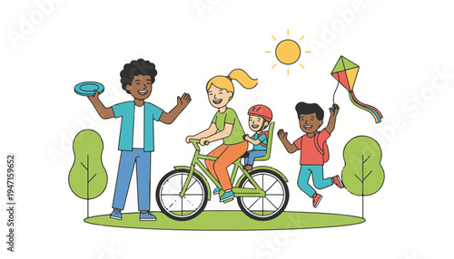 Vector happy diverse family enjoying healthy outdoor bicycle ride in park sustainability wellness World Bicycle Day