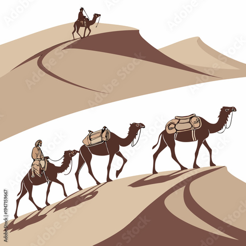 Camels walking on sand dunes with rider desert