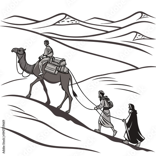 Black and white of people walking in desert with camel