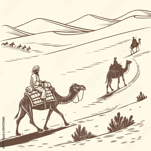 Desert caravan with camels and riders sand dunes desert landscape