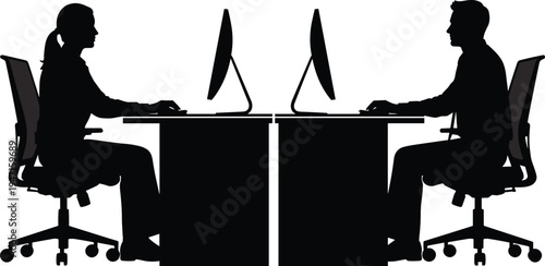 Professional black vector silhouettes of a man and woman working at office desks with computers, representing corporate business and remote work environments.