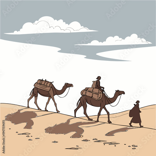 Desert caravan with two loaded camels and a walking person