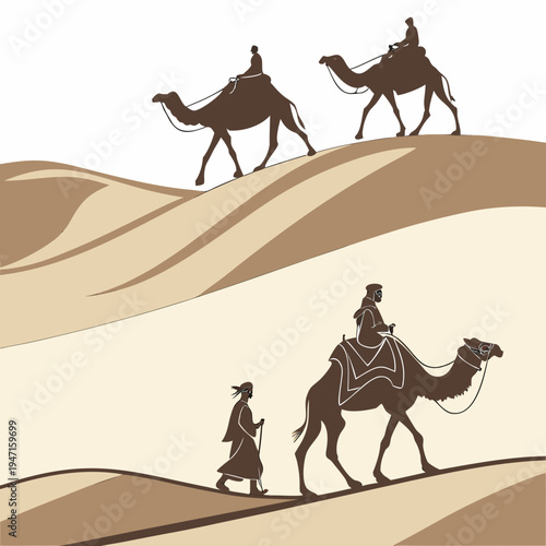 Desert landscape with camel riders and pedestrian sand dunes