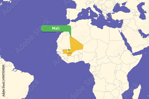 Highlighted infographic map illustration of Mali, ideal for education, travel guides, and geography presentations.