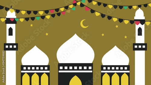 Celebrate Eid al Fitr with a stunning illustration of a mosque adorned with festive lights and a crescent moon