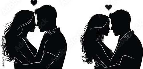 Romantic black vector silhouettes of a young couple embracing closely with small hearts above them, perfect for Valentine's Day designs.