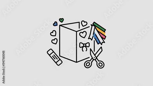 Gift box with colorful wrapping supplies and hearts symbolizing love and celebration