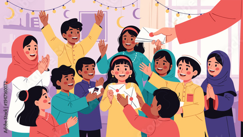Happy Eid al Fitr celebration with children receiving gifts and letters from family