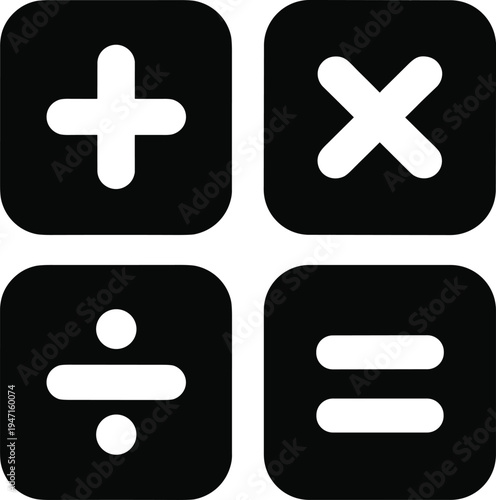 Four Black Square Icons with White Mathematical Symbols Plus Minus Multiply Divide mathematics calculation