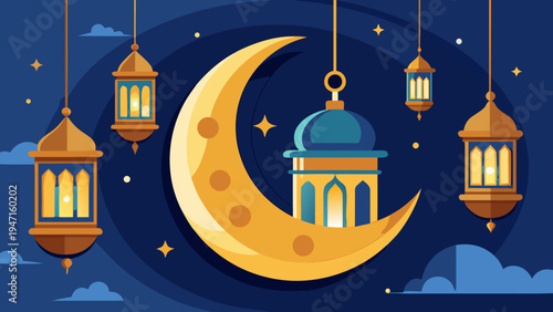 Beautiful Eid Al Fitr illustration with crescent moon, mosque, and lanterns, celebrating Ramadan
