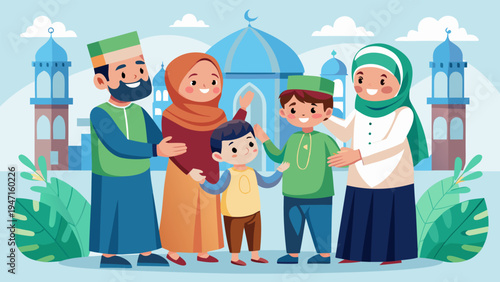 Happy Eid al Fitr celebration with a Muslim family posing together in front of a mosque, vector illustration