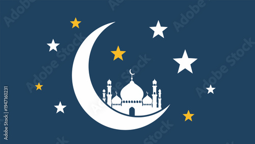 Beautiful Islamic crescent moon and mosque illustration celebrating Eid al Fitr with stars