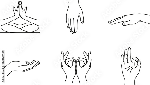 Meditation mudra hand gesture set, yoga spiritual illustration, mindfulness symbol artwork collection