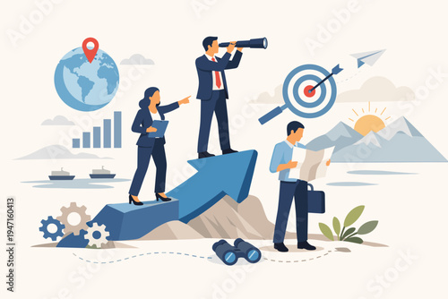 Business Analysis and Strategy Concept with Professional Business People Looking for New Market Opportunities, Visionary Leadership, Growth Planning, Global Expansion, and Data Analytics Vector