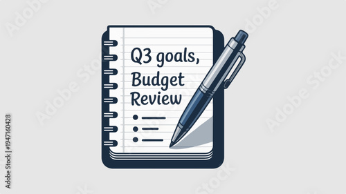 Notebook with pen on q3 goals and budget review notes on gray background