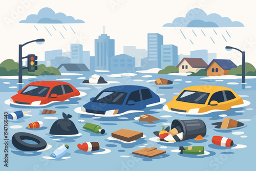 Urban flood disaster vector illustration featuring submerged cars and floating trash in a city street during heavy rain. Concept of climate change, environmental pollution, and natural catastrophe.