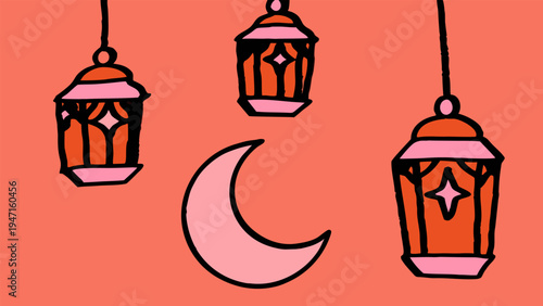 Decorative Ramadan lanterns and crescent moon illustration celebrating Eid al Fitr festivities